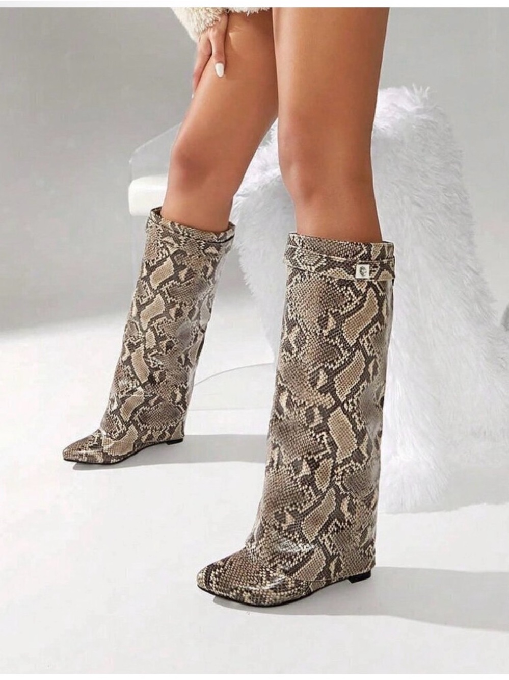 Multicolor Bohemian Women's Pointy Toe Wedge Heel PU Leather Knee High Boots